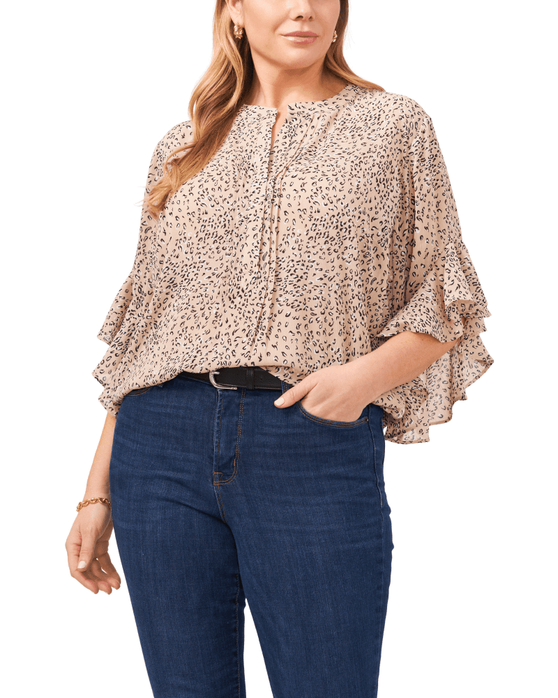 Front of a model wearing a size 1X Maeve Cheetah Dreams Blouse in LT CAMEL MULTI by Vince Camuto. | dia_product_style_image_id:260913